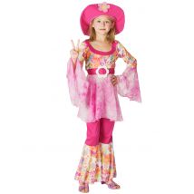 60er Hippie Kinderkostüm Flower Power pink-bunt - Thema: Fasching und Karneval - Rosa/Pink - Größe 122/134 (7-9 Jahre)