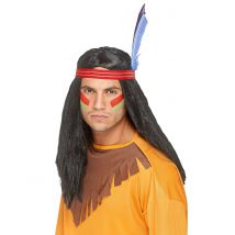 Häuptling Perücke mit Haarband und Feder schwarz-rot-blau - Schwarz