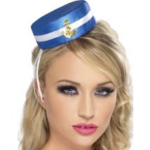 Matrosinnen-Hut Damen-Minihut auf Haarklammer blau-weiss-gold - Thema: Fasching und Karneval