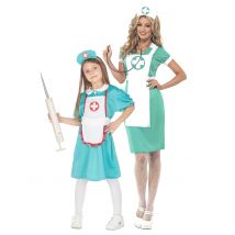 Krankenschwester-Paarkostüm Mutter-Tochter grün-weiss-rot - Thema: Fasching und Karneval - Grün