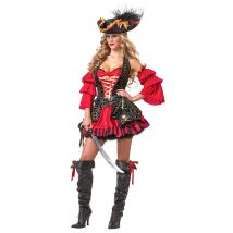 Edles Piratin Damen-Kostüm rot-gold-schwarz - Thema: Fasching und Karneval - Größe XS (36/38)