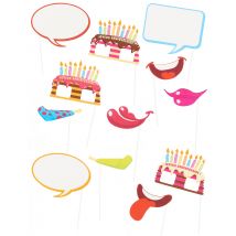 Photobooth Accessoire Set - Geburtstag 12-teilig bunt - Thema: Geburtstag und Jubiläum - Bunt