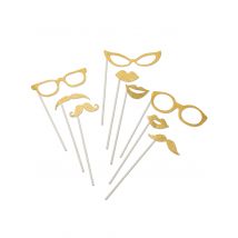 Fotoaccessoire-Set Brillen Mund und Bärte 9-teilig gold glitzer - Thema: Silvester und Neujahr - Gold