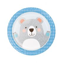 8 Pappteller mit grauem Bärmotiv 22 cm - Thema: Kindergeburtstag - Silber/Grau