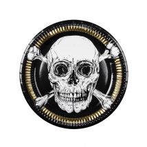 Piraten-Pappteller Jolly Roger 10 Stück schwarz-weiß-goldfarben 23 cm - Thema: Fasching und Karneval - Schwarz