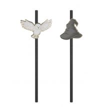 Strohhalme mit Zauberer-Aufklebern 10 Stück schwarz 20cm - Thema: Halloween - Schwarz