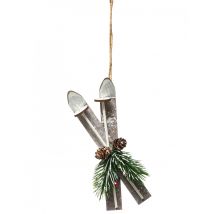 Ski-Paar Christbaum-Deko aus Holz braun-grün 15 cm - Thema: Weihnachten und Winter - Braun
