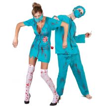 Blutiges Zombie-Paarkostüm Chirurgen-Halloweenkostüm blau-weiss-rot - Thema: Halloween - Blau