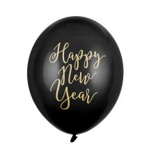 Happy New Year-Luftballons für Silvester 6 Stück schwarz-goldfarben 30 cm - Thema: Silvester und Neujahr - Schwarz