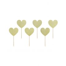 6 Goldene Herzpicks Glitzer 11 cm - Thema: Fasching und Karneval - Gelb/Blond
