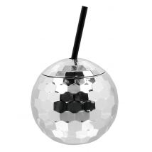 Becher Discokugel mit Strohhalm Silber 650ml - Thema: Fasching und Karneval - Silber/Grau