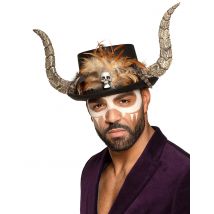 Magischer Voodoo Hut mit Hörnern und Federn für Erwachsene - Thema: Fasching und Karneval - Braun