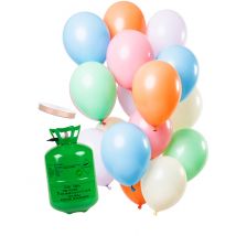 Heliumflaschen Set mit 15 pastellfarbenen Ballons mit Satinband - Thema: Fasching und Karneval - Bunt