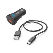 Hama Autosnellader met oplaadkabel - 19,5W Oplader set - USB naar USB-C - Snellader - 1,5 meter - geschikt voor Smartphones, earbuds, tablets - Beveiliging - Zwart