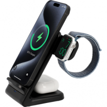 Cazy 3-in-1 Draadloze Oplader Stand 15W - Geschikt voor Apple Watch, Airpods en Iphone - Snelladen & USB-C - Oplaadstandaard - Qi-Gecertificeerde Toestellen - LED Lampje - Zwart