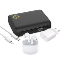 Essential bundel - Powerbank 10000 mah + Draadloze Oordopjes met Noise Cancelling + 20W Oplader + Lightning naar USB-C Kabel - Wit