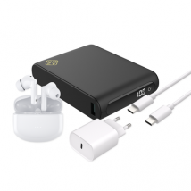 Essential Bundel - Powerbank 20000 mah + Draadloze Oordopjes met Noise Cancelling + 20W Oplader + Lightning naar USB-C Kabel - Wit