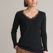 Anne Weyburn T-shirt Scollo A V Pizzo, Maniche Lunghe Nero Donna Taglie 46/48 (FR) - 50/52 (IT)