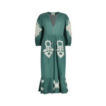 Vestido midi con escote en pico, manga 3/4, bordado, ROZA
