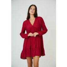 Vestido corto de manga larga, cuello de pico