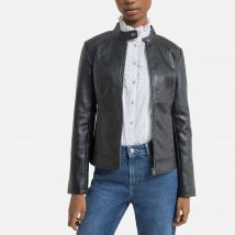 Cazadora de piel sintética cuello alto Mujer Talla XS. Color Negro