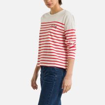 Camiseta de algodón orgánico, cuello redondo y manga larga Mujer Talla S. Color Rojo