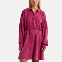 Korte jurk in satijn met jacquard motief, hemdskraag