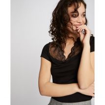 Camiseta con cuello de pico con encaje Mujer Talla S. Color Negro
