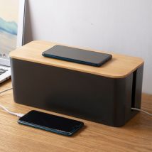 1 Boîte Cache Câble Noir, Grand Boîte de Rangement Câbles Electriques avec Bois Couvercle, Boite Cache Multiprise pour Protection de Câble et Prise