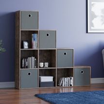 Home Discount - Durham 10 Cube Bookcase Staircase Shelf Wooden Display Storage Rack Free Standing Shelf Unit, Dark-Wood-5-Grey-Baskets