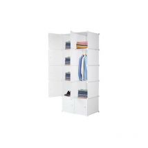 Famiholld - 10 Cube Organizer Stackable Plastic Cube Storage Shelves Design Multifunctional Modular Closet Cabinet with Hanging Rod White