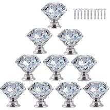 10 pcs Poignée Bouton de Porte Placard Meuble Tiroir Armoire, 30mm Diamant de Verre Cristal avec Vis - Transparent