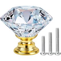 10 Pomos Cristal Tiradores, Pomo Puerta de Diamante para Muebles, Tirador para Cajones, Armarios, Tocadores 40mm - Transparente + Base Dorada