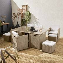 6 to 10-seater rattan cube table set - table, 6 armchairs, 2 footstools - Vabo 10 - Beige rattan, Beige cushions - Beige