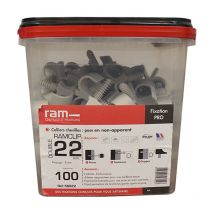 100 colliers chevilles RAM clip double gris pour tube nu Ø22 et prégainé + prégainé duo Ø12 RAM
