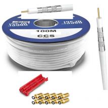 Arli - 100 m Câble Coaxial tv - sat blanc, 5 fois blindé + couteau dégainage + 10 fiches f dorées (135db )