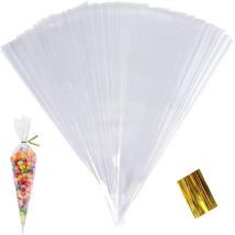 Linghhang - 100 pièces 25x13cm Sachets Transparents Bonbons Sacs Cellophane Cône Friandises Pochette avec Ruban d'or pour Noël Partie Fête Mariage