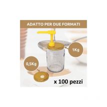 Apicor - 100 pz Kit Dispenser Dosatore Per Miele 2 Capsule Adattabili Per Vaso Miele 1 Kg. e 1/2 Kg. Tappi Alveare