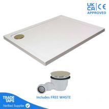 1000 x 900mm White Rectangular 45mm Low Profile Shower Tray with Brushed Brass Waste