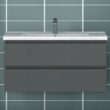 Acezanble - 1000mm Bathroom Vanity Unit With Wash Basin Resin Sink, 2 Drawers, High Gloss Grey, Cloakroom Storage Furniture Under Basin Cabinet, Wall