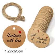 100PCS Papier Kraft Etiquette Étiquettes Cadeau 3x3cm Étiquette Ronde Etiquettes Kraft Étiquette de Mariage avec Ficelle pour Dragees Noël