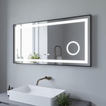 120x60 cm led Badspiegel mit Beleuchtung Digital Uhr,Touch Dimmbare Kaltweiß, Beschlagfrei Heizung Schminkspiegel 3-Fach Vergrößerung,