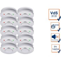 10er set Rauchmelder 10 Jahres Batterie - VdS Zertifiziert & Stummschaltfunktion