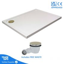 Gravahaus - 1100 x 900mm White Rectangular 45mm Low Profile Shower Tray with Brushed Brass Waste