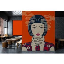 Papier peint panoramique rouge pour salle à manger Tapisserie panoramique japonaise à motif femme Papier peint panoramique moderne orange et noir