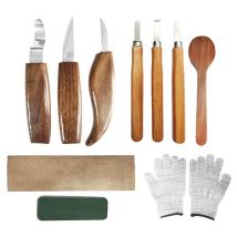 Basetbl - 11pcs Outils Sculpture sur Bois, Kit Sculpture Bois avec 3 ux à Bois, 3 Couteau Sculpture Bois,Gants, Professionnels Outillage Bois