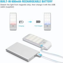 12 led Veilleuse, Lampe Murale usb Rechargeable Lampe de Placard 3 Mode(Auto/on/off) avec Détecteur Mouvement et 3M Adhésives Bande Magnétique pour