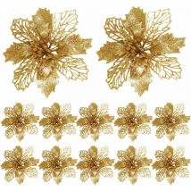 12 Pièces Glitter Fleurs de Poinsettia de Noël d'Ornement, Noël Glitter Décoration Sapin Ornement pour La Fête de Mariage (Or) - Ahlsen