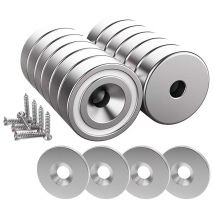 12 Stück Neodym-Magnete 10 kg Stärke 20 x 7 mm mit Loch und Kapsel, Senktopfmagnet mit Schrauben und 12 Stahlkissen (Silber glänzend)