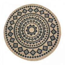Impalo - Tapis rond tissé Ø120cm beige et bleu en jute motif ethnique pour salon blaron